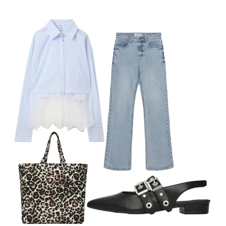 Outfit donna - Slingback all\'università. Stile Casual chic per Scuola/Università. Abbinamento con camicie, jeans bootcut, ballerine, shopping bag.