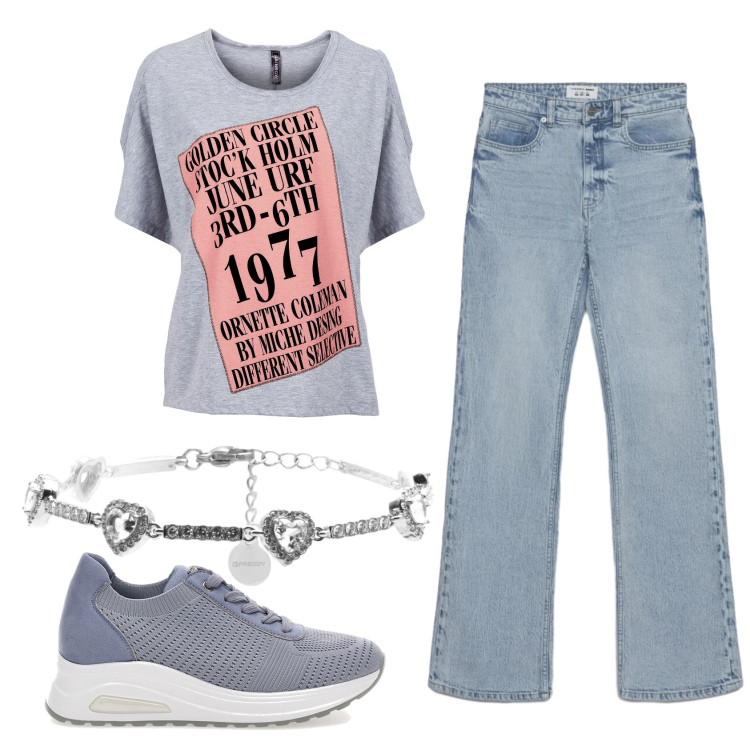 Outfit donna - Total look #2381024. Stile Casual per Tutti i giorni. Abbinamento con maglieria, jeans bootcut, braccialetti, sneakers alte.