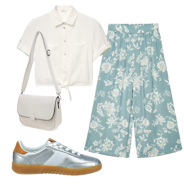 Outfit donna - Total look #2381030. Stile Romantica per Tutti i giorni. Abbinamento con pantaloni a palazzo, camicie a manica corta, borse a tracolla, sneakers.