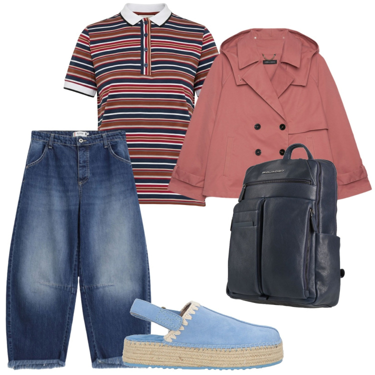 Outfit donna - Una giornata fuori. per Tutti i giorni. Abbinamento con zaini, espadrillas, trench, jeans, polo.