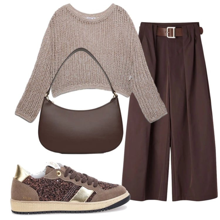 Outfit donna - Total look #2381038. Stile Trendy per Tutti i giorni. Abbinamento con pantaloni, maglieria, borse a tracolla, sneakers.