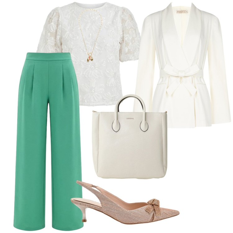 Outfit donna - Cerimonia. per Cerimonia. Abbinamento con borse a tracolla, blazer, pantaloni a palazzo, bluse, décolleté, ciondoli.