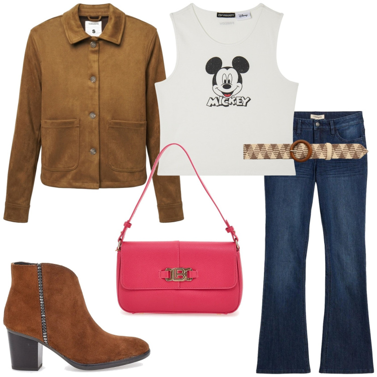 Outfit donna - Casual in primavera. Stile Casual per Tutti i giorni. Abbinamento con jeans a zampa, cinture, cappotti, canottiere, borse a spalla, stivaletti.