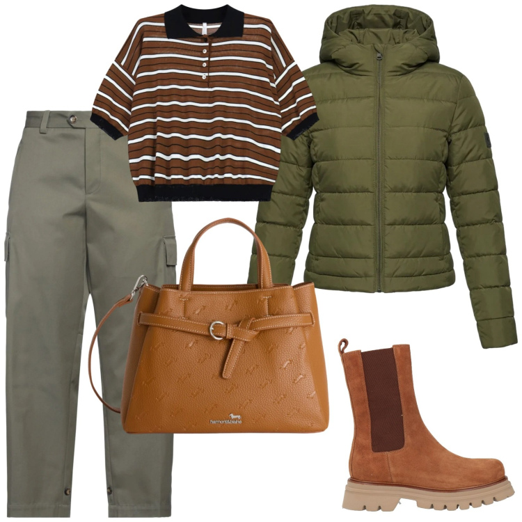 Outfit donna - Primavera fresca. per Tutti i giorni. Abbinamento con pantaloni cargo, stivaletti, polo, borse a mano, piumini.