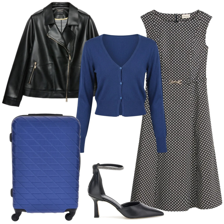 Outfit donna - In viaggio con stile. Stile Bon Ton per Tutti i giorni. Abbinamento con vestiti, blazer, cardigans, décolleté, valigie.
