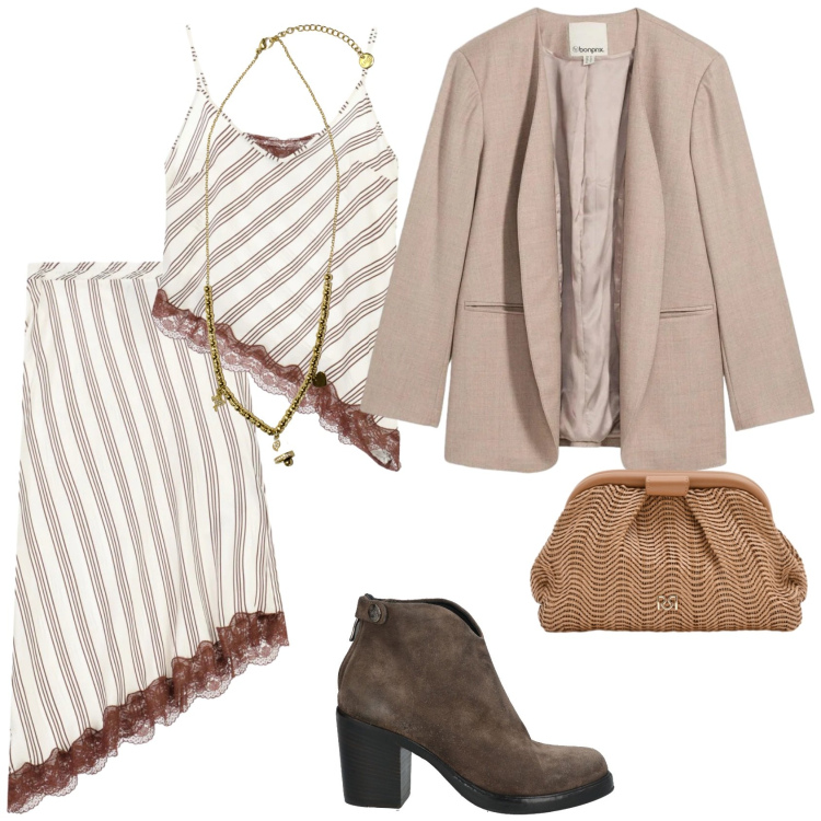 Outfit donna - Per una serata fuori. Stile Trendy per Serata fuori. Abbinamento con stivaletti, blazer, gonne longuette, top, pochette, ciondoli.