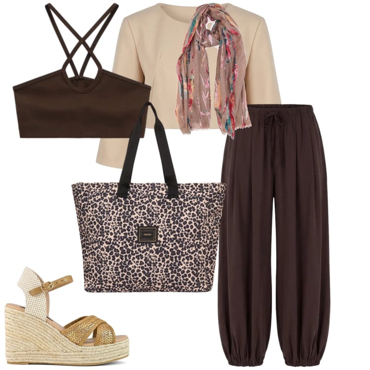 Outfit donna - Lungo mare. per Mare. Abbinamento con top, shopping bag, bolero, pantaloni, zeppe, foulard.