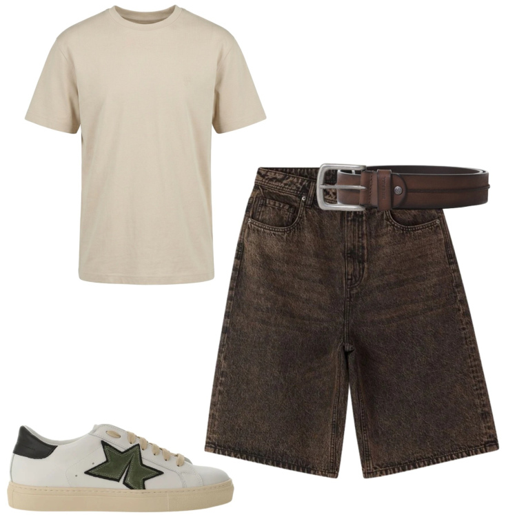 Outfit uomo - Spring. Stile Casual per Tutti i giorni. Abbinamento con bermuda, t-shirt, sneakers, cinture.
