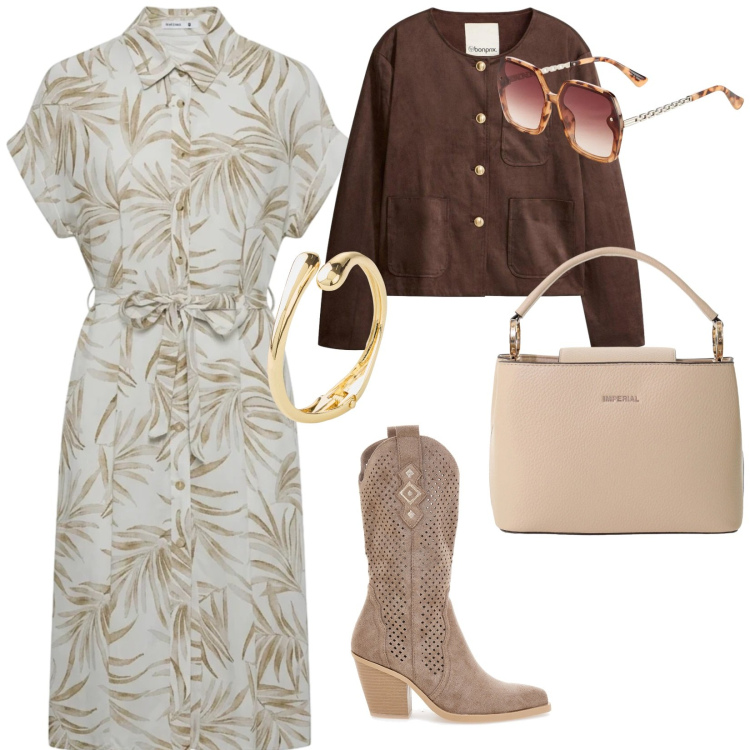 Outfit donna - Stivali primavera. per Tutti i giorni. Abbinamento con blazer, braccialetti, occhiali da sole, vestiti chemisier, borse a secchiello, stivaletti texani.