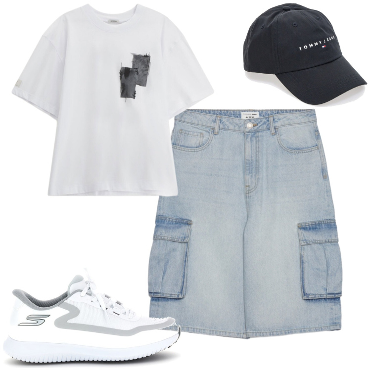 Outfit uomo - Total look #2381059. Stile Casual per Tutti i giorni. Abbinamento con pantaloni corti, t-shirt, cappelli con visiera, sneakers.