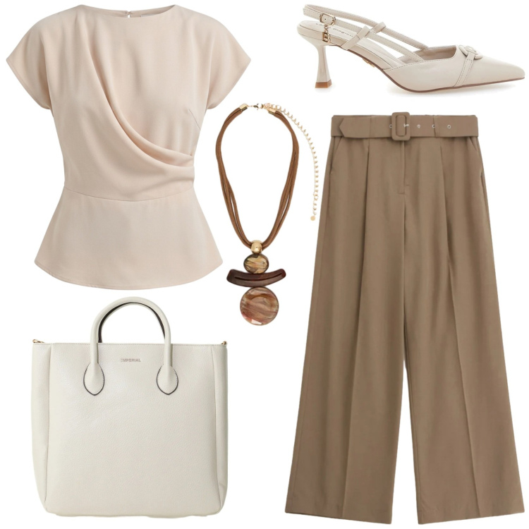 Outfit donna - Comfort e stile in ufficio. Stile Chic per Ufficio. Abbinamento con borse a tracolla, bluse, ciondoli, pantaloni a palazzo, décolleté.