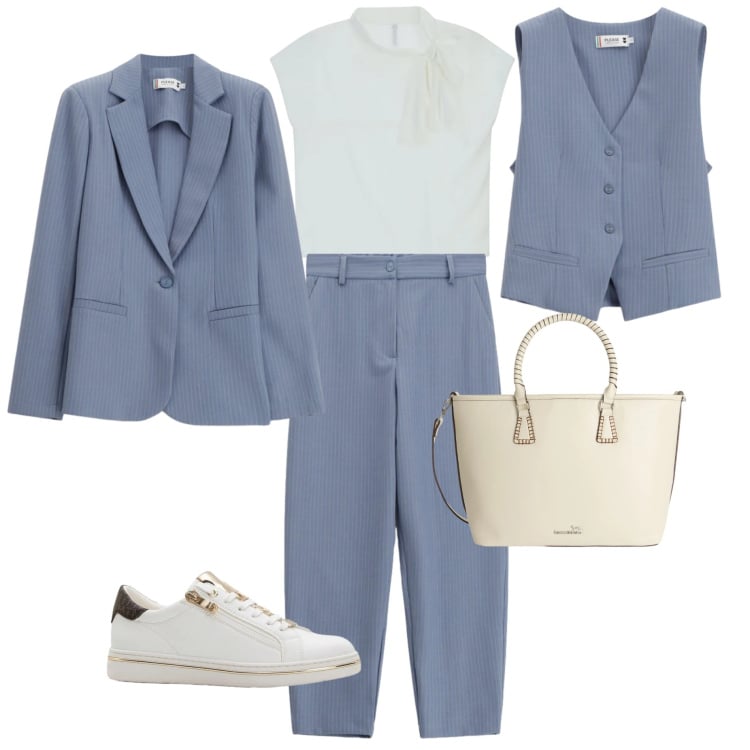 Outfit donna - Armocromia estate fredda. Stile Casual chic per Tutti i giorni. Abbinamento con sneakers, pantaloni, gilet, blazer, shopping bag, canottiere.