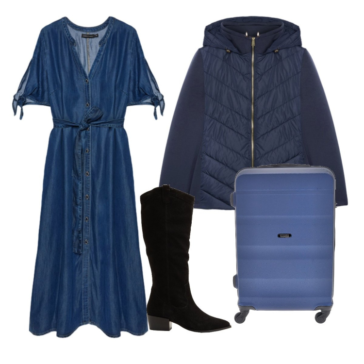 Outfit donna - Layering chemisier. Stile Basic per Tutti i giorni. Abbinamento con stivali, piumini, vestiti chemisier, valigie.