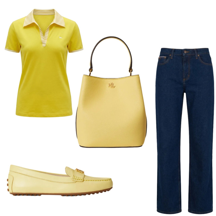 Outfit donna - Sorbetto al limone. Stile Preppy per Tutti i giorni. Abbinamento con polo, jeans, mocassini, borse a secchiello.