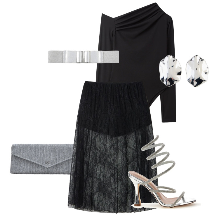 Outfit donna - Notte argentata. Stile Romantica per Serata fuori. Abbinamento con orecchini, gonne longuette, cinture, body, pochette, sandali col tacco.