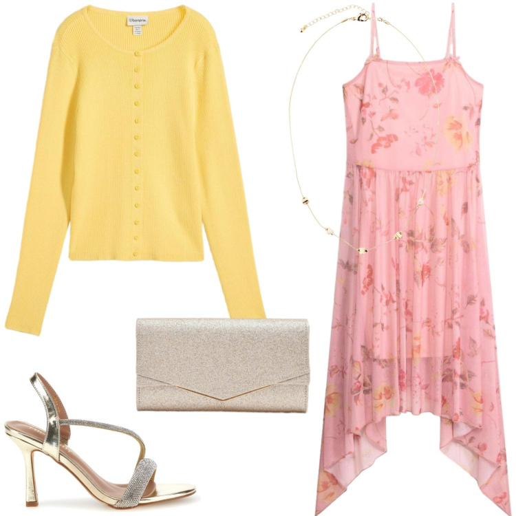 Outfit donna - Un outfit da sera. Stile Glamour per Serata fuori. Abbinamento con cardigans, vestiti midi/longuette, collane, clutch, sandali col tacco.