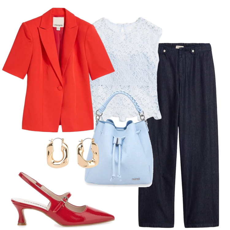 Outfit donna - Aprile. Stile Urban per Tutti i giorni. Abbinamento con blazer, jeans dritti, canottiere, orecchini, décolleté, borse a secchiello.