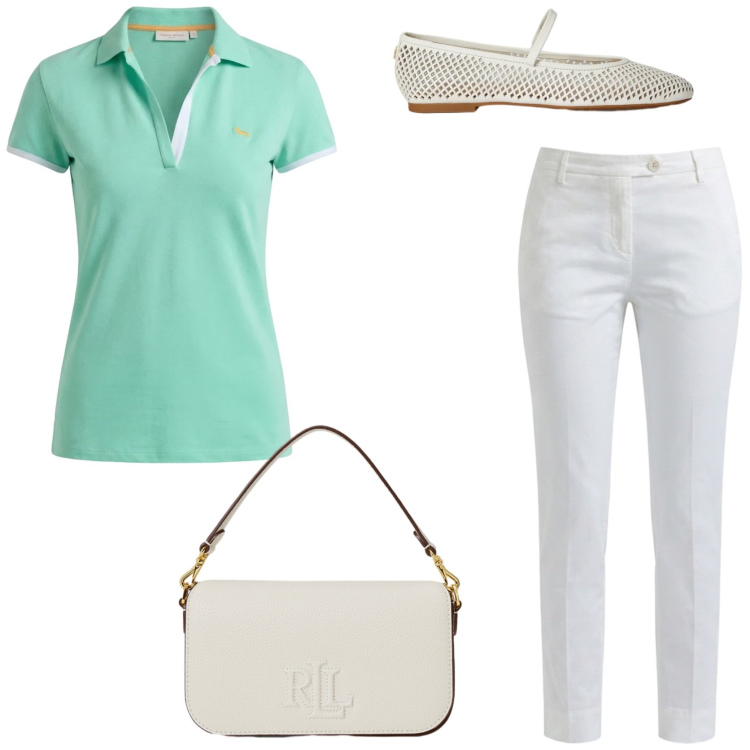 Outfit donna - Copia il look. Stile Casual chic per Tutti i giorni. Abbinamento con polo, pantaloni, borse a spalla, ballerine.