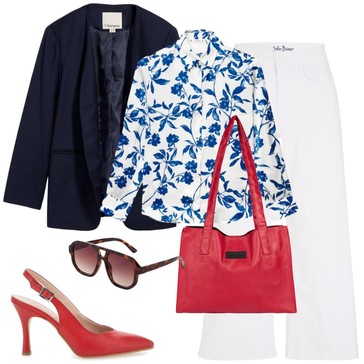 Outfit donna - City. Stile Urban per Tutti i giorni. Abbinamento con blazer, jeans, occhiali da sole, camicie, shopping bag, décolleté.
