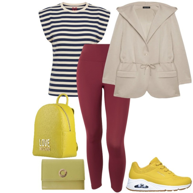Outfit donna - Mattina semplice e pratica. Stile Basic per Sport. Abbinamento con zaini, felpe con cappuccio, portafogli, t-shirt, leggings, sneakers.