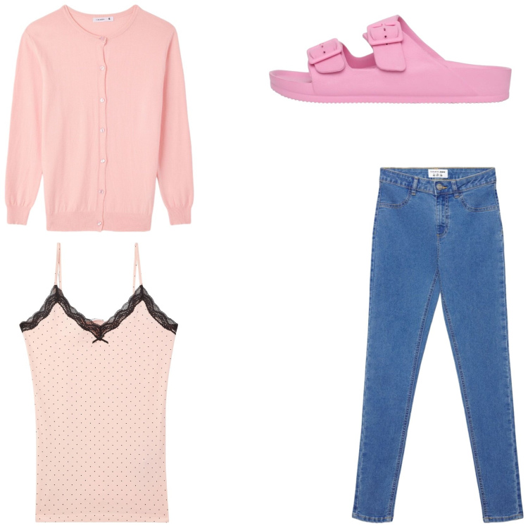 Outfit donna - A casa con stile. Stile Basic per Tutti i giorni. Abbinamento con magliette intime, cardigans, jeggings, ciabatte.