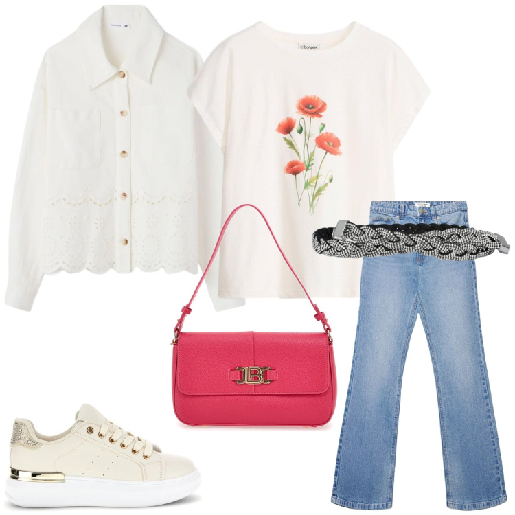 Outfit donna - Casual e romantica. Stile Romantica per Tutti i giorni. Abbinamento con t-shirt, borse a spalla, cinture, sneakers, cappotti, jeans bootcut.