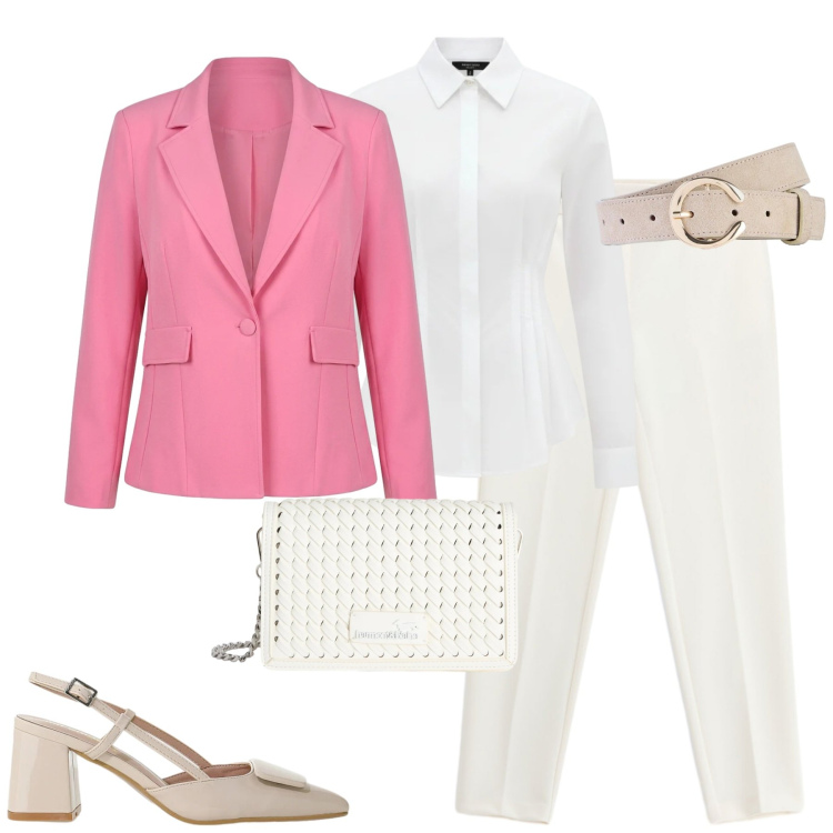 Outfit donna - Elegante in città. Stile Chic per Tutti i giorni. Abbinamento con cinture, décolleté, pantaloni, camicie, blazer, borse a tracolla.