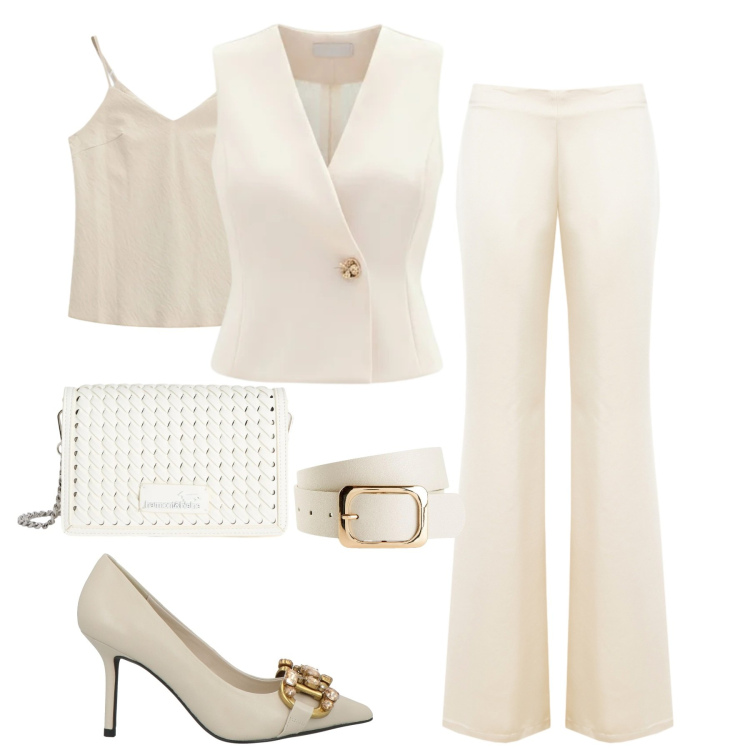 Outfit donna - Elegante in panna. Stile Chic per Tutti i giorni. Abbinamento con décolleté, cinture, canottiere, gilet, pantaloni a palazzo, borse a tracolla.