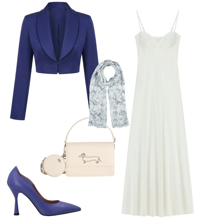 Outfit donna - Blu bianco chic cerimonia evento. Stile Chic per Cerimonia. Abbinamento con décolleté, sciarpe, borse a tracolla, vestiti lunghi, bolero.