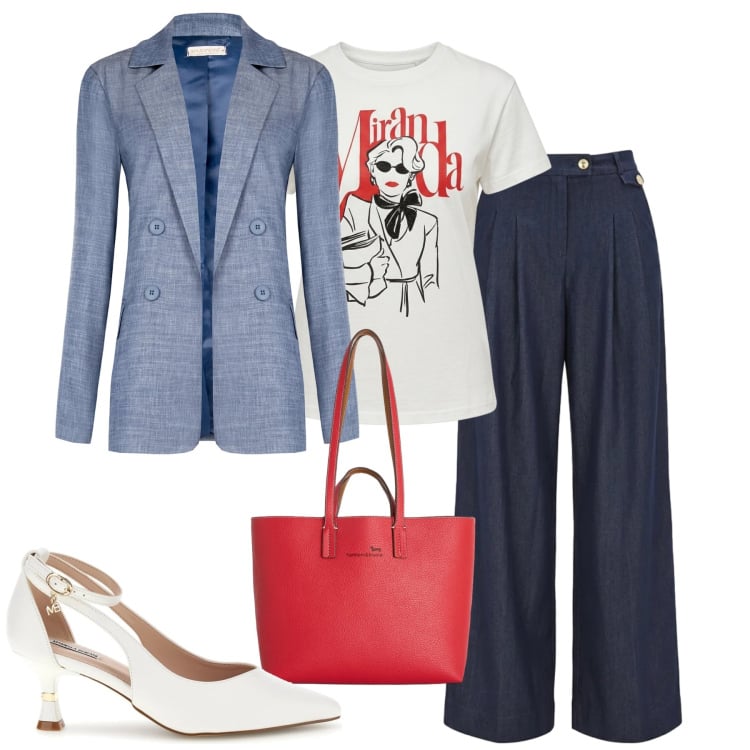 Outfit donna - City. Stile Urban per Tutti i giorni. Abbinamento con pantaloni a palazzo, blazer, t-shirt, shopping bag, décolleté.