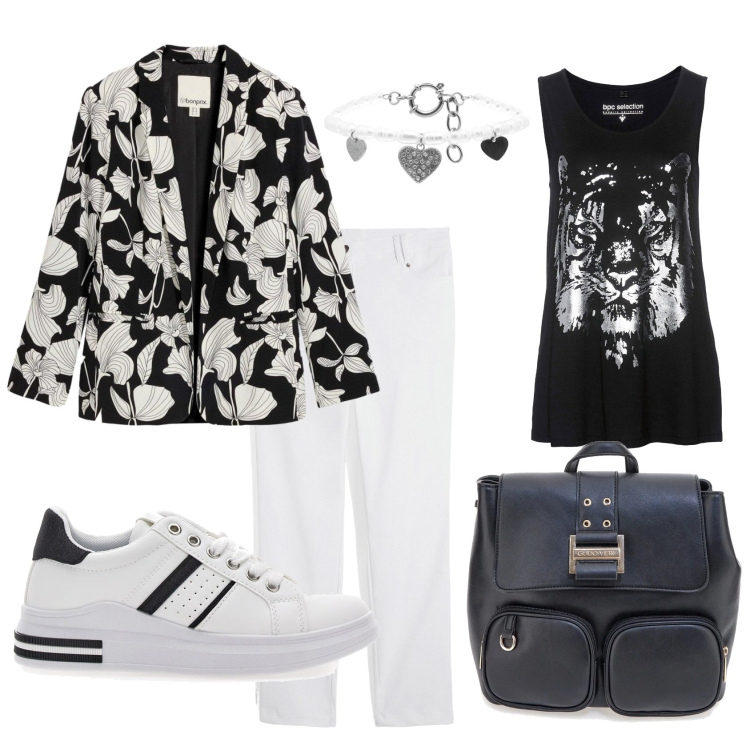 Outfit donna - Casual monday. Stile Casual per Tutti i giorni. Abbinamento con pantaloni, top, blazer, braccialetti, sneakers, zaini.