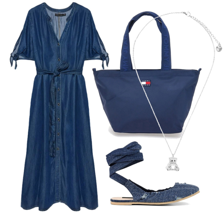 Outfit donna - Un vestito e via. Stile Minimal per Tutti i giorni. Abbinamento con vestiti chemisier, ciondoli, ballerine, borse tote.