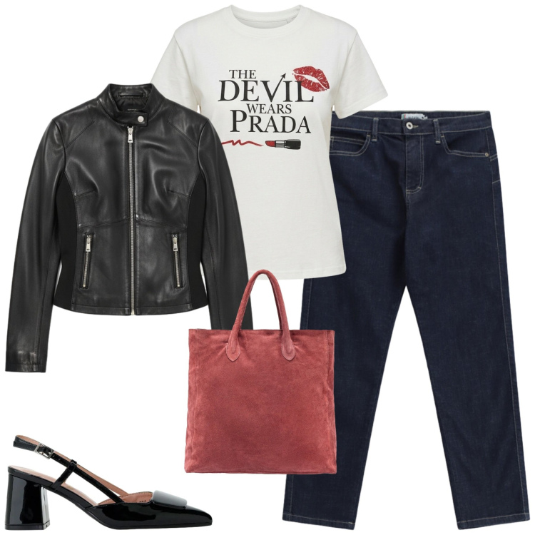 Outfit donna - City. Stile Casual chic per Tutti i giorni. Abbinamento con jeans slim fit, décolleté, giacche, t-shirt, borse a mano.