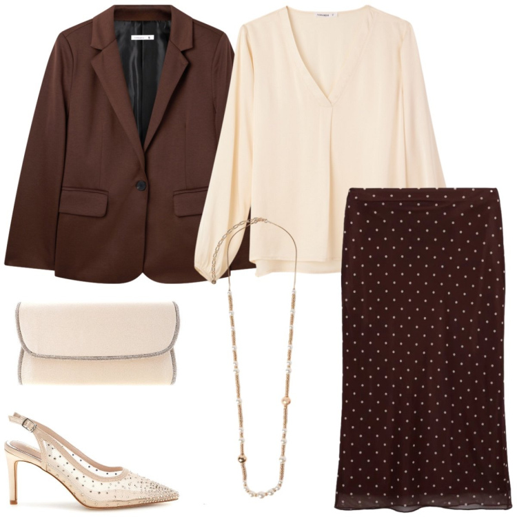 Outfit donna - Cerimonia. Stile Chic per Cerimonia. Abbinamento con gonne lunghe, bluse, blazer, collane, décolleté, borse a tracolla.