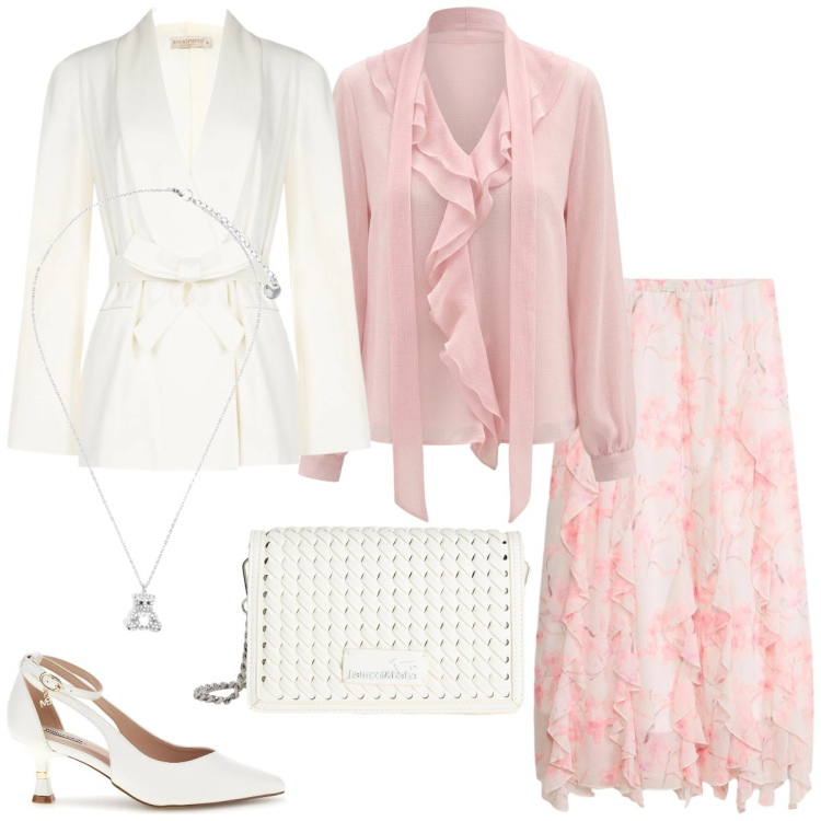 Outfit donna - Cerimonia. Stile Chic per Cerimonia. Abbinamento con gonne lunghe, bluse, blazer, borse a tracolla, ciondoli, décolleté.