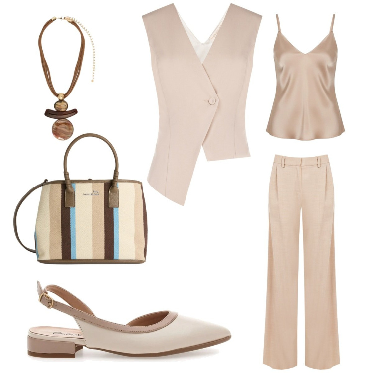 Outfit donna - Abbigliamento lavoro. Stile Casual chic per Ufficio. look ideale per Petite. Abbinamento con gilet, canottiere, pantaloni a palazzo, ciondoli, shopping bag, ballerine.