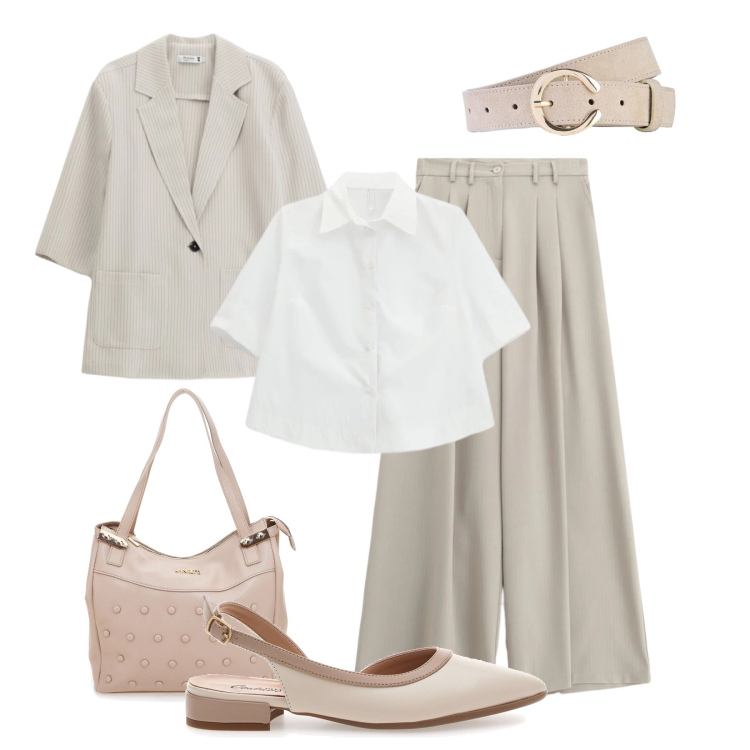 Outfit donna - Rilassata con stile. Stile Chic per Tutti i giorni. Abbinamento con cinture, camicie a manica corta, blazer, pantaloni a palazzo, ballerine, shopping bag.