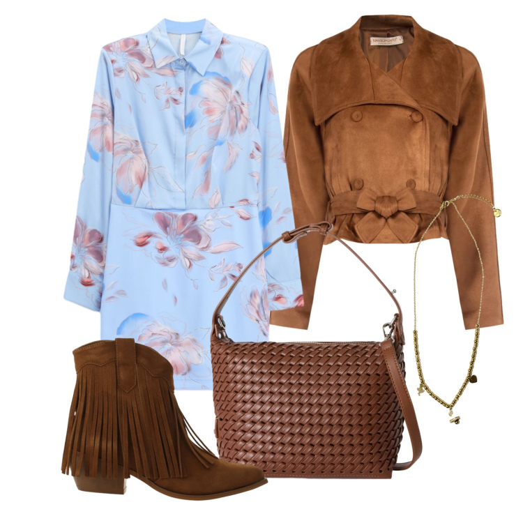 Outfit donna - Aprile. Stile Trendy per Tutti i giorni. Abbinamento con vestiti corti, stivaletti texani, giacche, borse a spalla, ciondoli.
