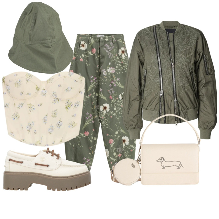 Outfit donna - Flower & flower. Stile Romantica per Tutti i giorni. Abbinamento con mocassini, cappelli, top, pantaloni cargo, borse a tracolla, bomber.