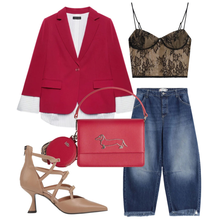 Outfit donna - Aprile. Stile Glamour per Tutti i giorni. Abbinamento con décolleté, canottiere, blazer, jeans, borse a tracolla.
