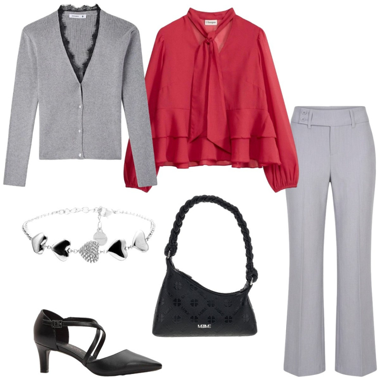 Outfit donna - Un tocco di rosso. Stile Chic per Tutti i giorni. Abbinamento con décolleté, camicie, cardigans, pantaloni, braccialetti, borse a mano.
