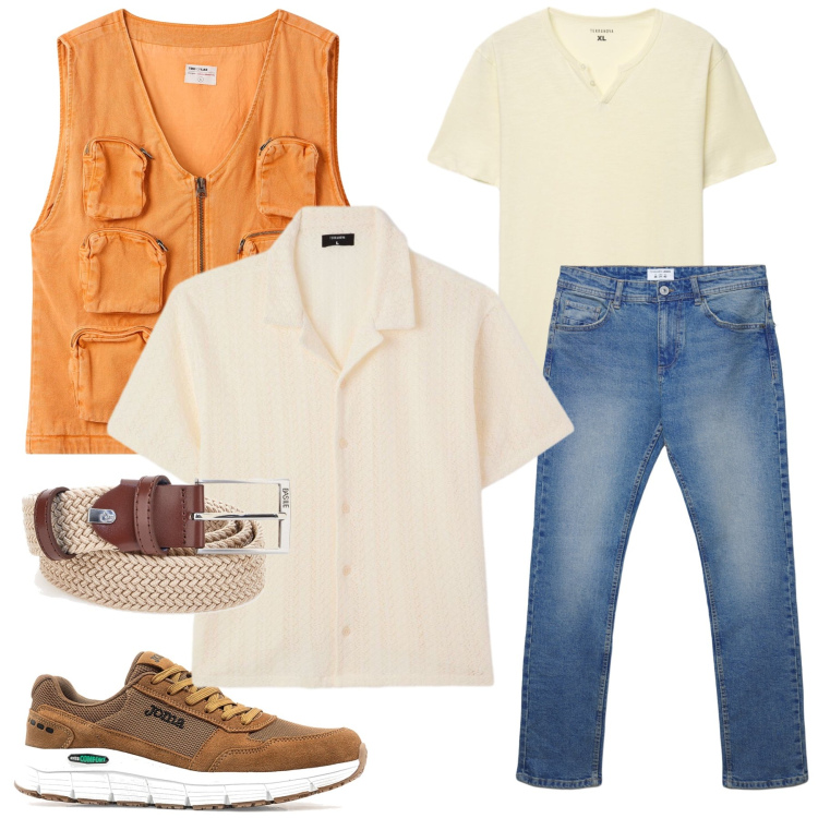 Outfit uomo - Urban Safari. Stile Urban per Tutti i giorni. Abbinamento con gilet, jeans dritti, cinture, t-shirt, camicie a manica corta, sneakers.