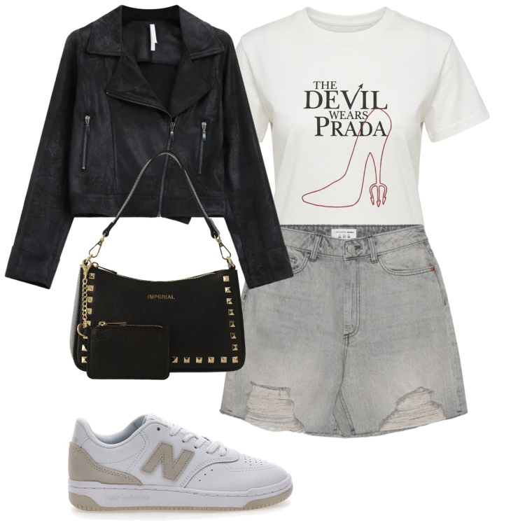 Outfit donna - Total look #2381123. Stile Casual chic per Tutti i giorni. Abbinamento con shorts, borse a spalla, giacche, t-shirt, sneakers.