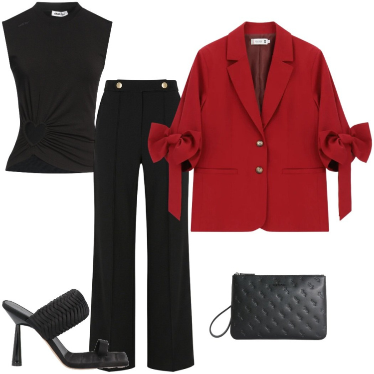 Outfit donna - Blazer di primavera. Stile Chic per Serata fuori. Abbinamento con ciabatte, top, pantaloni, blazer, anelli.