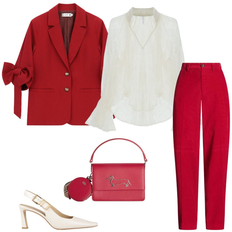 Outfit donna - In rosso. Stile Chic per Serata fuori. Abbinamento con pantaloni, décolleté, bluse, blazer, borse a tracolla.