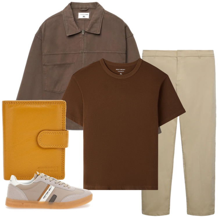Outfit uomo - Earthy Tones. Stile Casual per Ufficio. Abbinamento con t-shirt, cappotti, pantaloni chino, portafogli, sneakers.