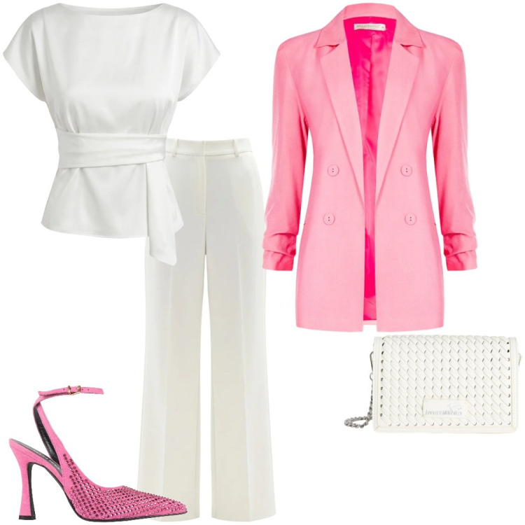 Outfit donna - Blazer di primavera. Stile Chic per Cerimonia. Abbinamento con décolleté, blazer, pantaloni a palazzo, bluse, borse a tracolla.