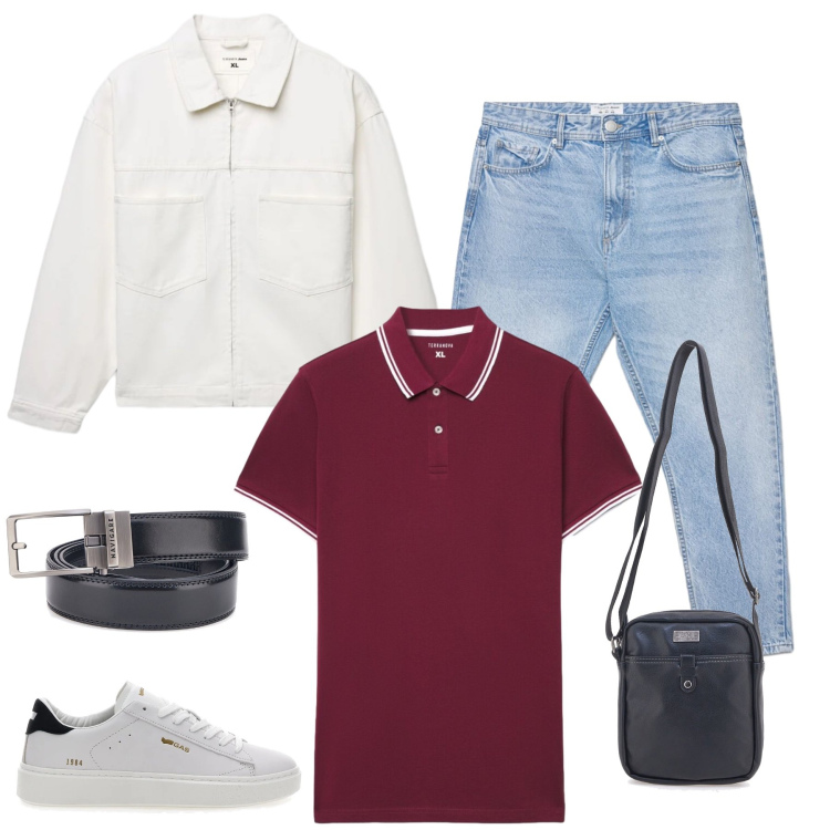 Outfit uomo - Pop of Bordeaux. Stile Casual per Ufficio. Abbinamento con giacche, jeans, polo, borse sportive, sneakers, cinture.