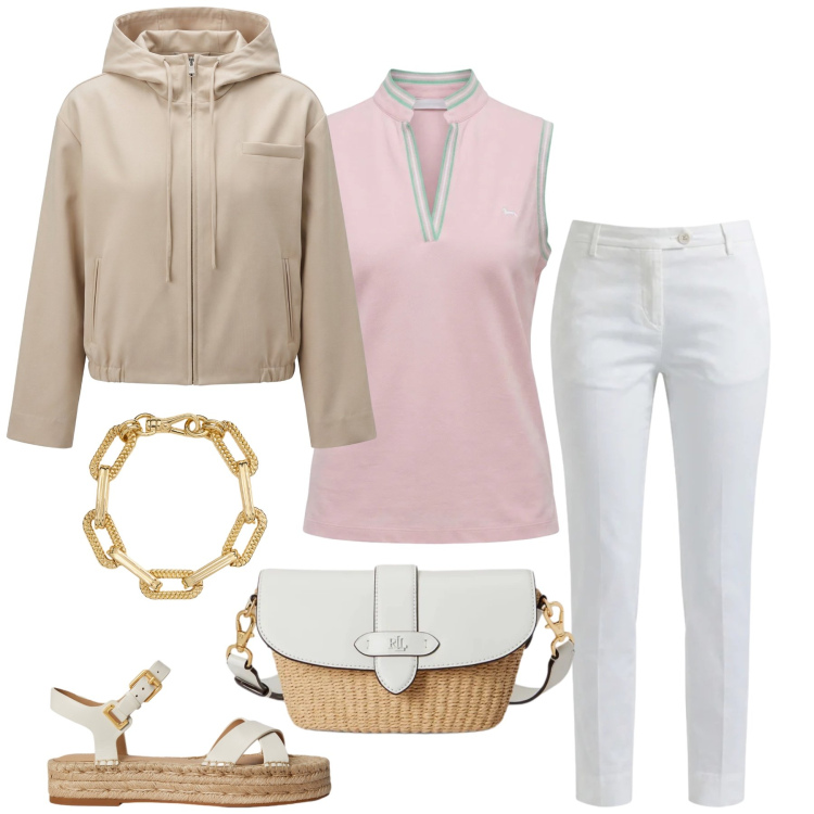 Outfit donna - Pastel Chic & Summer Breeze. Stile Casual chic per Tutti i giorni. Abbinamento con cappotti, polo, pantaloni, braccialetti, borse a spalla, espadrillas.