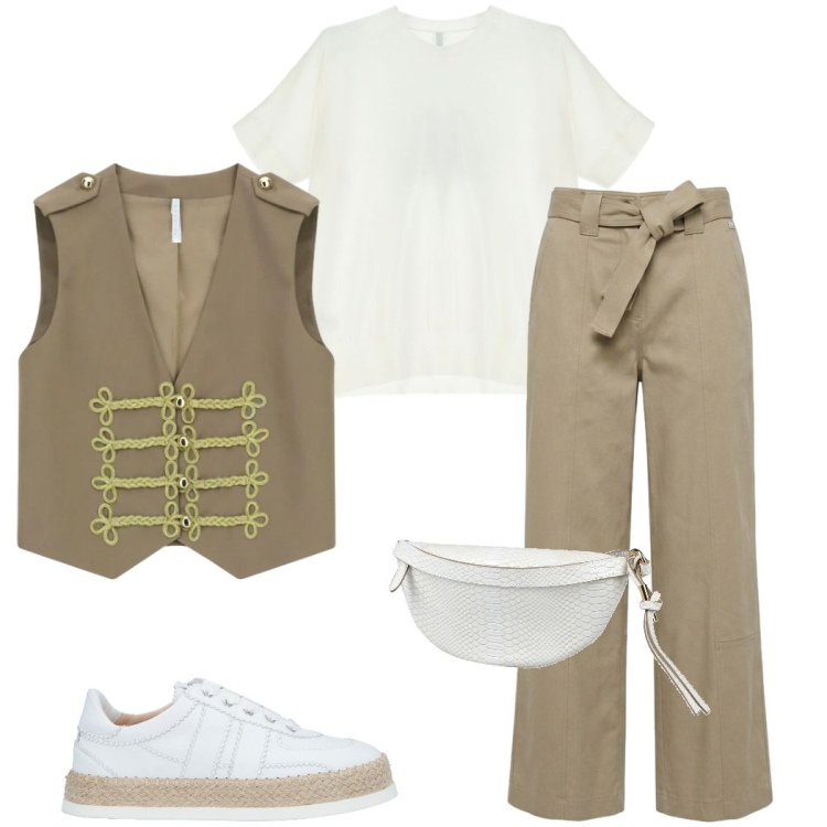 Outfit donna - Giacca stile Napoleone. Stile Casual chic per Tutti i giorni. Abbinamento con espadrillas, marsupi, gilet, t-shirt, pantaloni.
